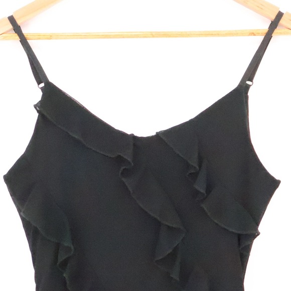 Y2K Black Ruffle Asymmetrical Midi Slip Dress NYE LBD Party Vintage Size M‎ - Picture 2 of 7
